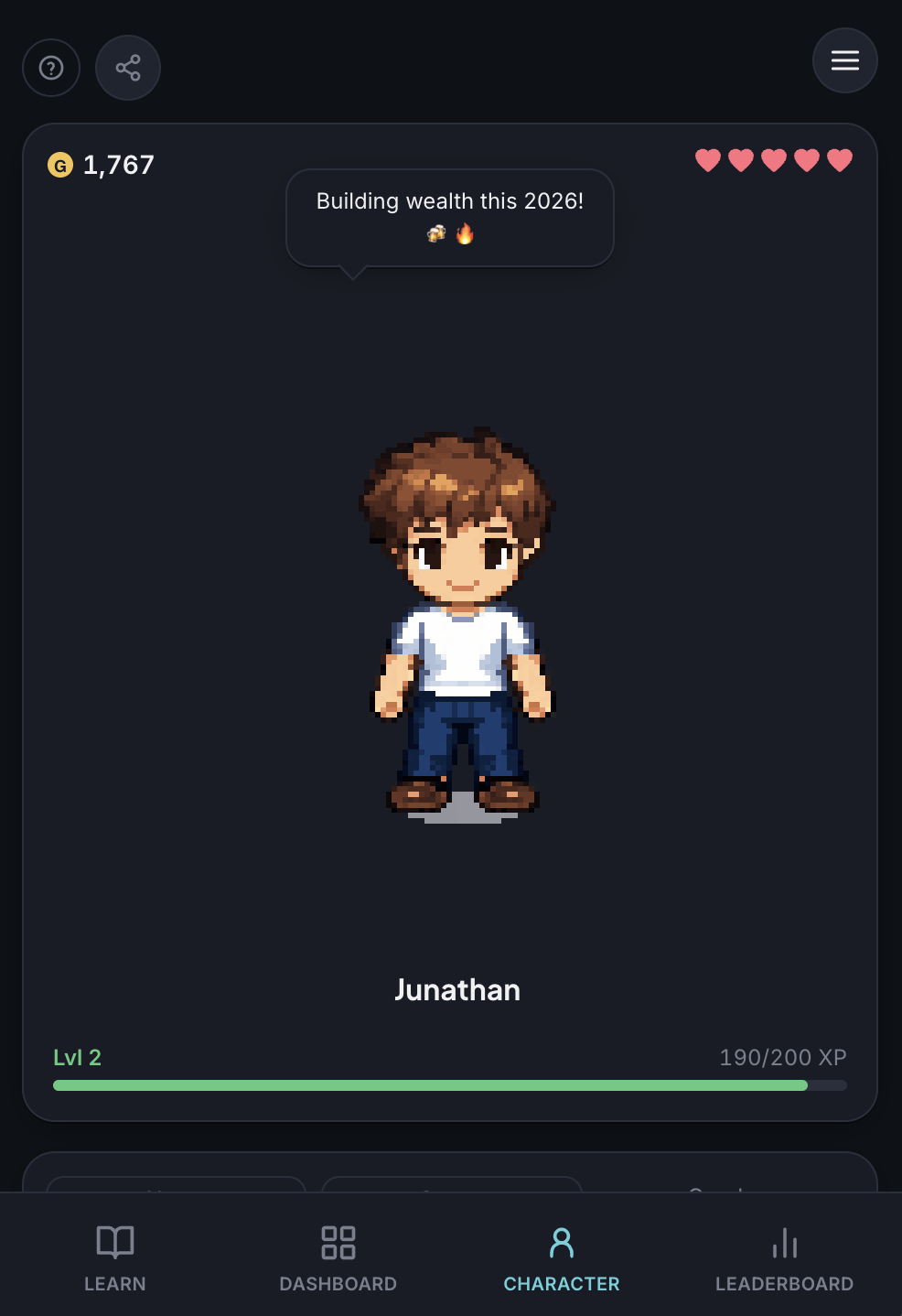 A FinMastery pixel-art character at Level 2 with equipped gear, an XP bar, Gold, and hearts