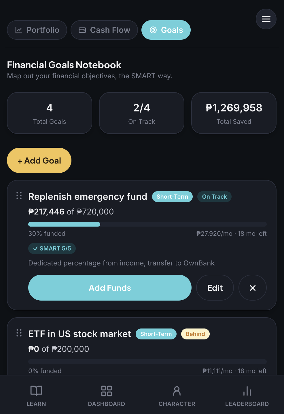 The Financial Goals Notebook tracking goals like an emergency fund with progress bars and funding status