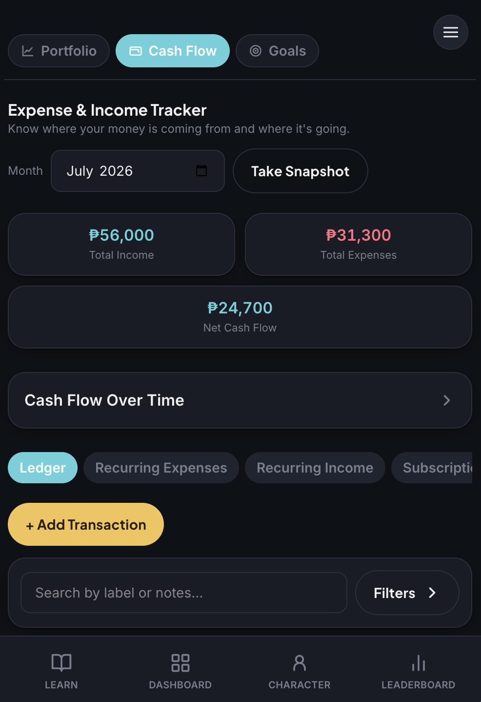 The Expense and Income Tracker showing total income, total expenses, and net cash flow for the month
