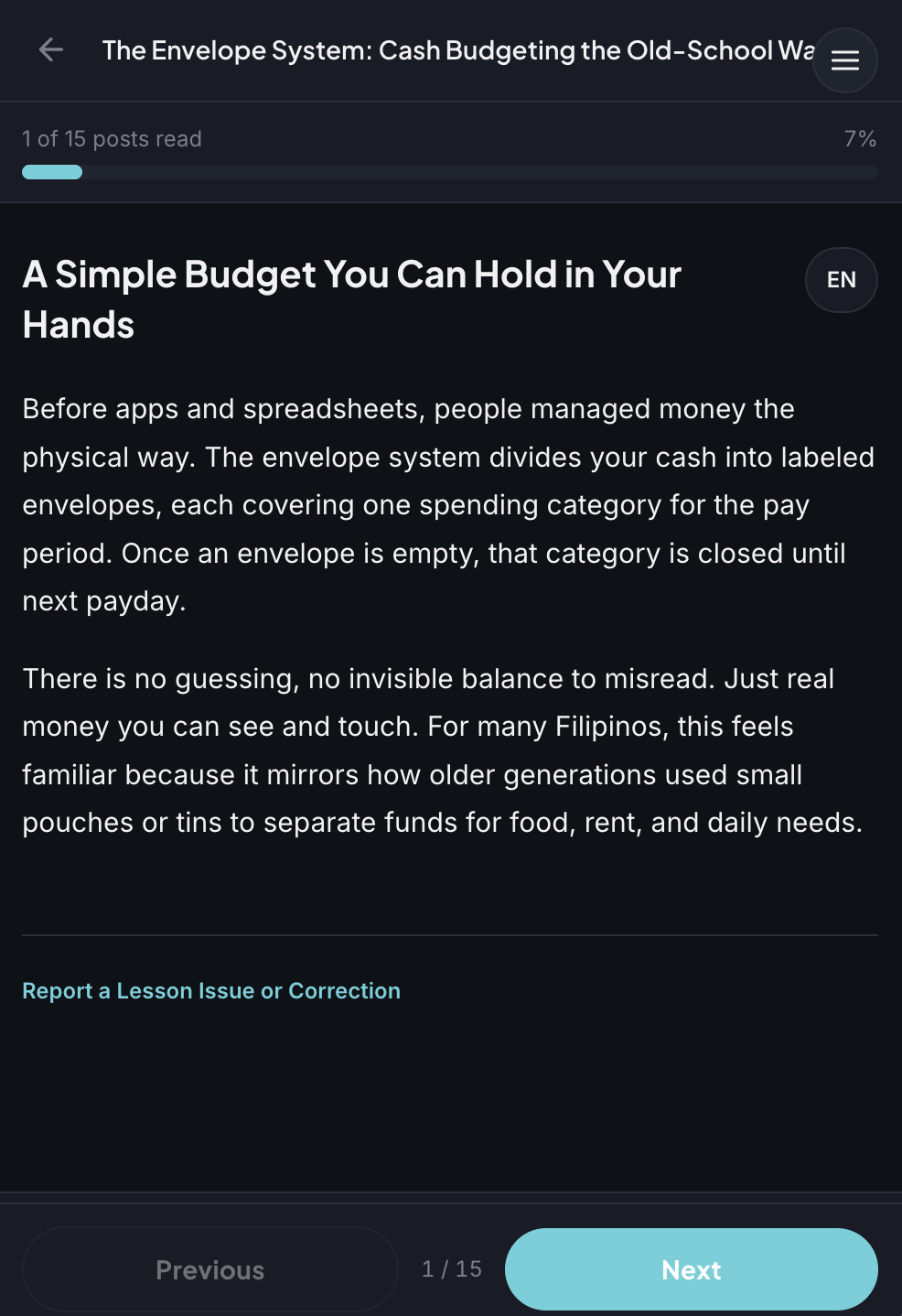 A FinMastery lesson explaining the envelope budgeting system, with an English and Taglish language toggle