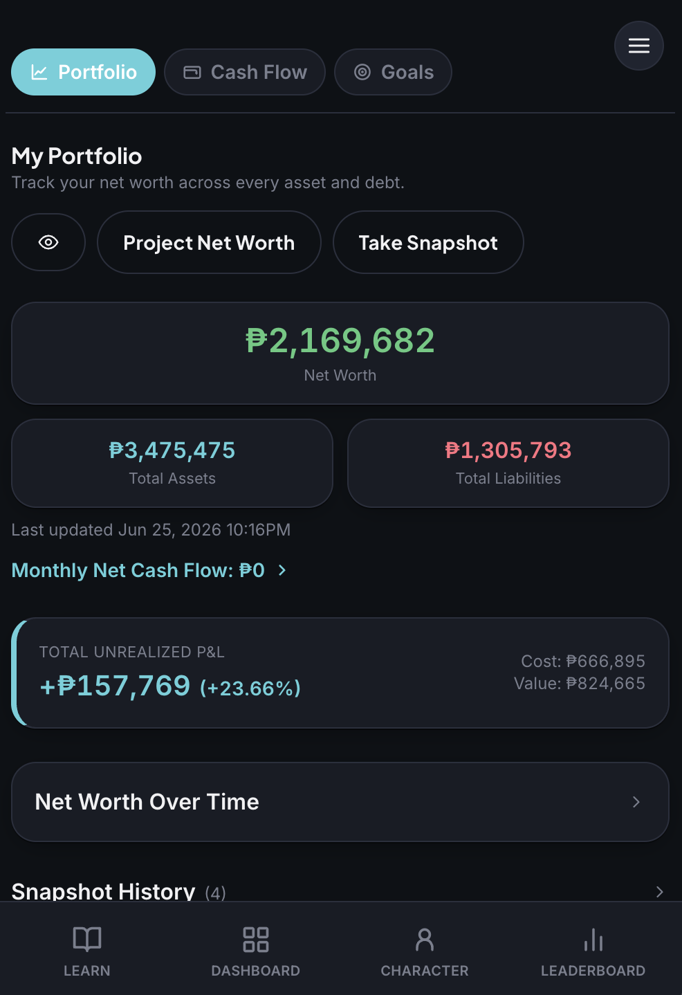 The Portfolio Tracker showing net worth of 2.1 million pesos with total assets, liabilities, and unrealized P&L