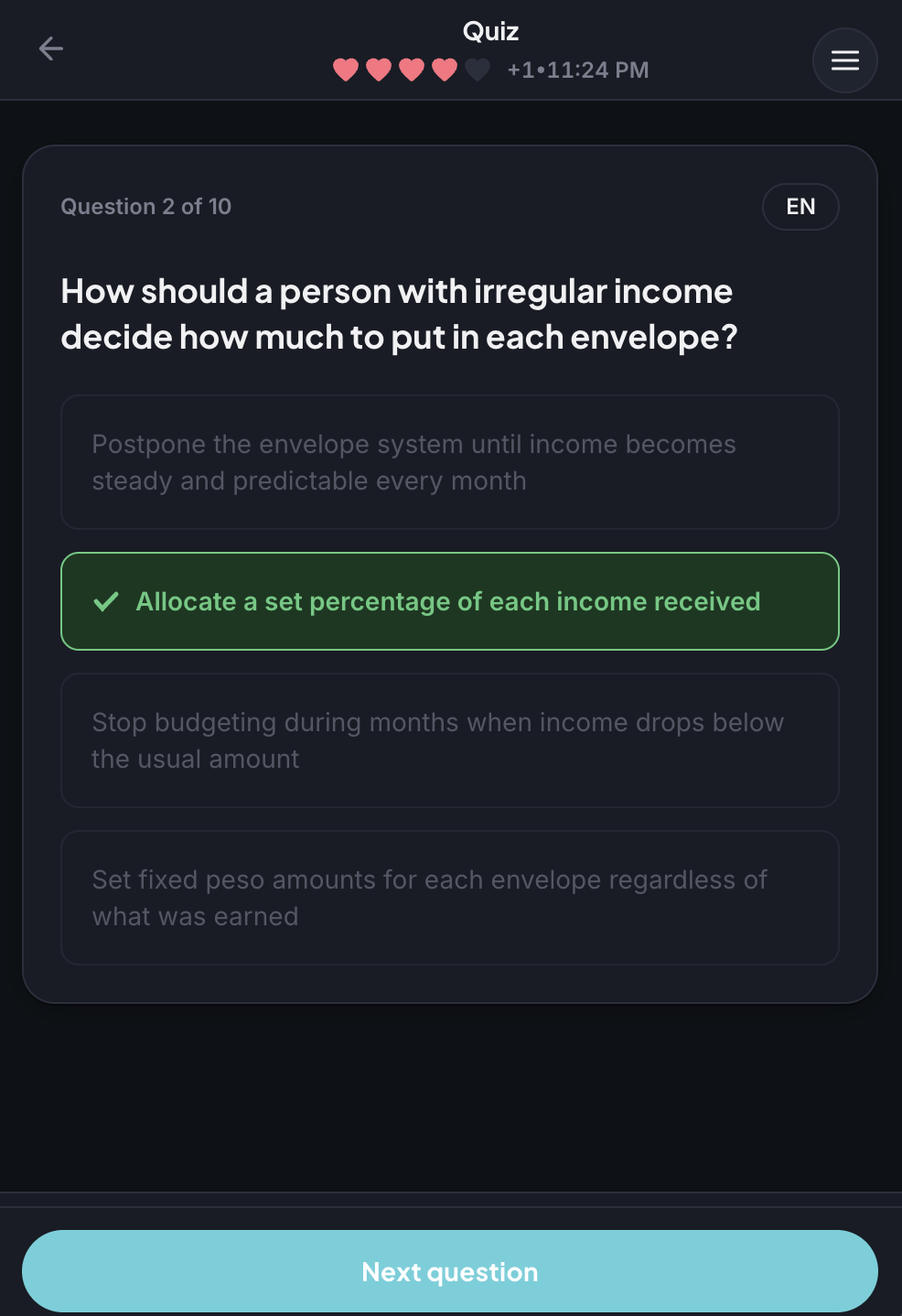 A FinMastery quiz question with multiple choice answers and a heart-based lives system